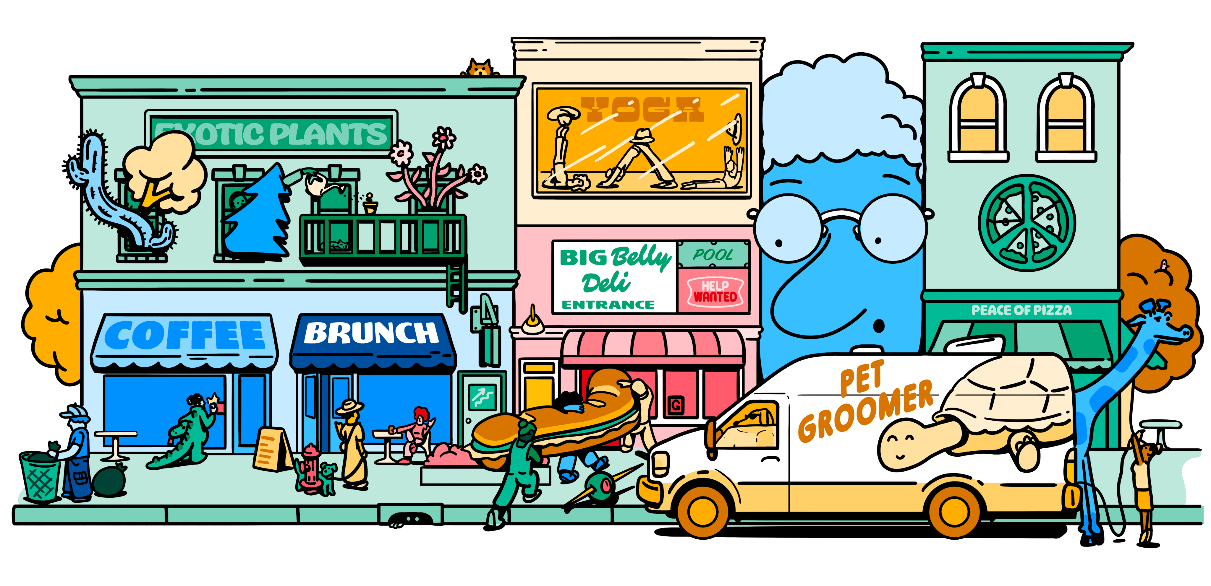A bustling city street in a comic book world. Workers are carrying a giant sandwich into a deli. A massive grandma is watching from behind a pizza restaurant. A giraffe is sticking out the back of a pet groomer's van.