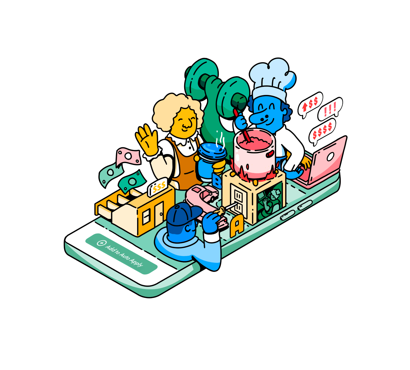 Colorful illustration depicting diverse professions, including cooking, construction, and fitness, emerging from a phone.