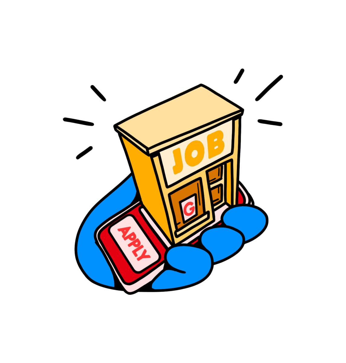 Floating cartoon hand holding a toy model of a small business building with a big 'Apply' button next to it